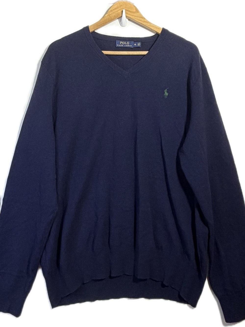 Polo Ralph Lauren Navy Merino Wool V-Neck Sweater XL Green Pony Preppy